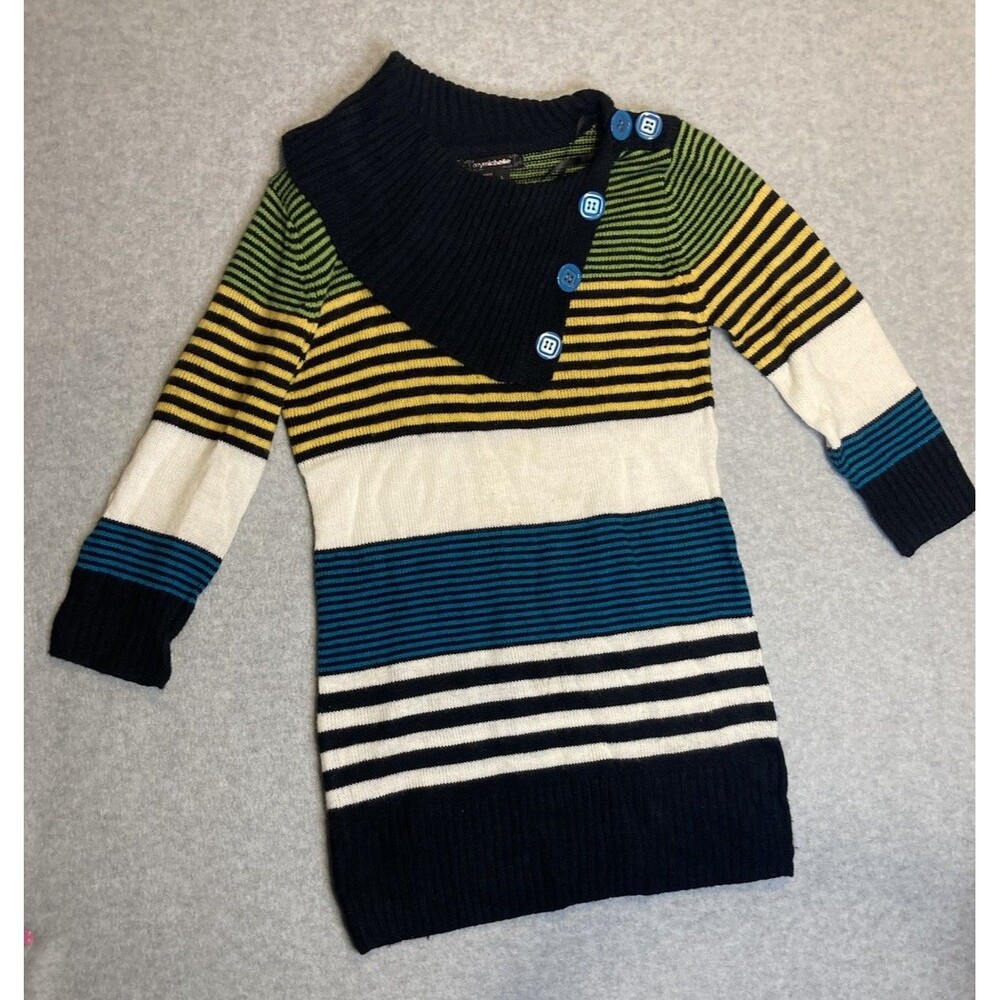 VTG my michelle Sweater Sz L Y2k Stripe Spring Tunic Cowl Turtle Neck Funky